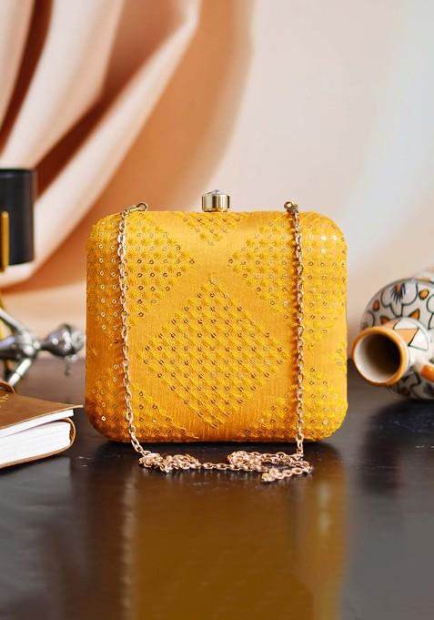 Yellow Satin Yellow Embroidered Box Clutch