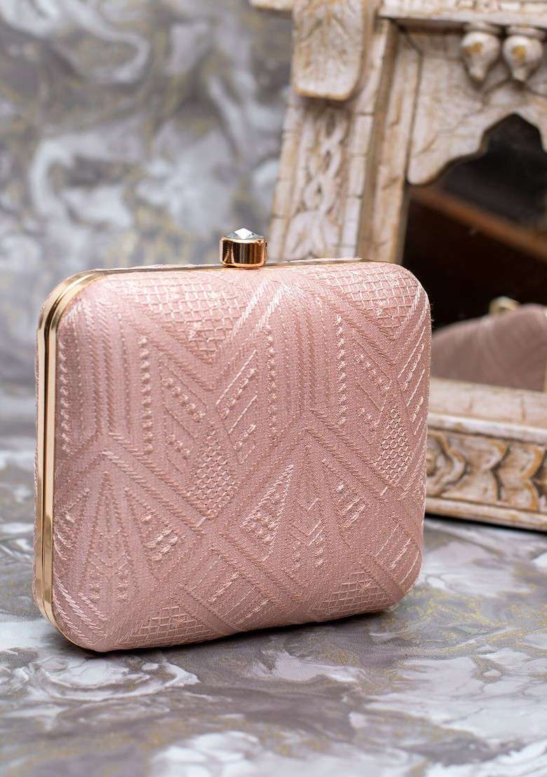Beige Satin Beige Embroidered Box Clutch - Indya