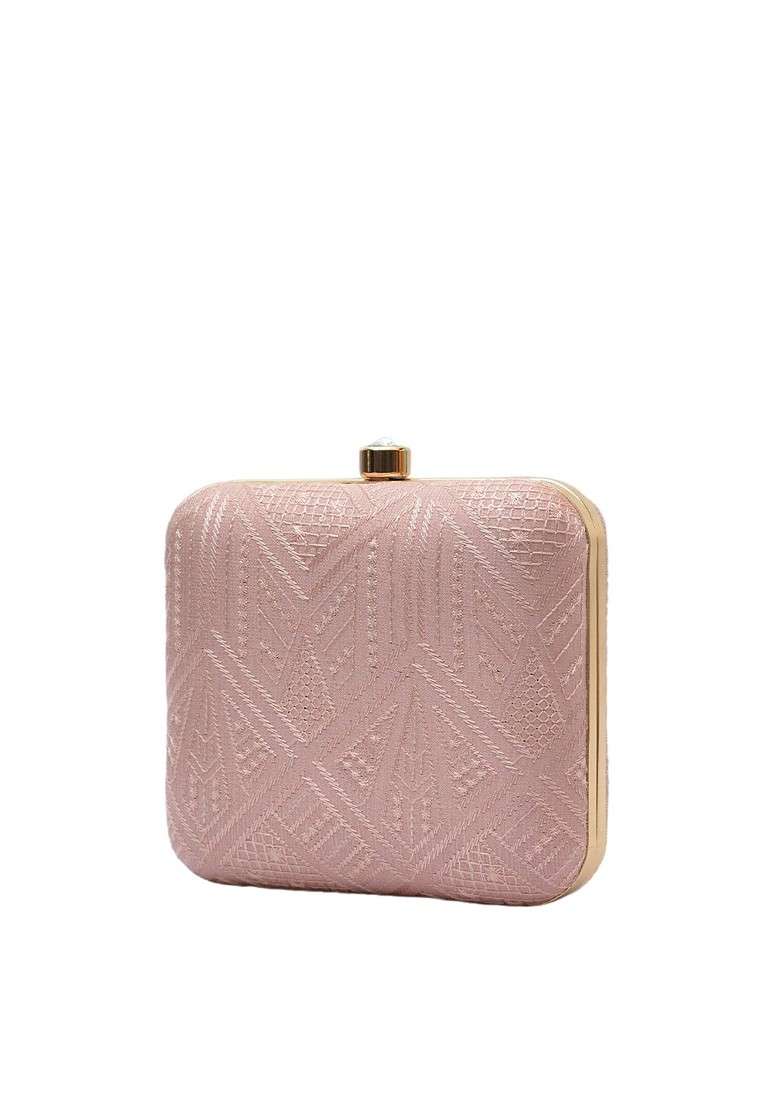 Beige Satin Beige Embroidered Box Clutch - Indya
