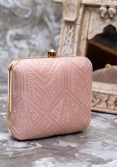 Beige Satin Beige Embroidered Box Clutch