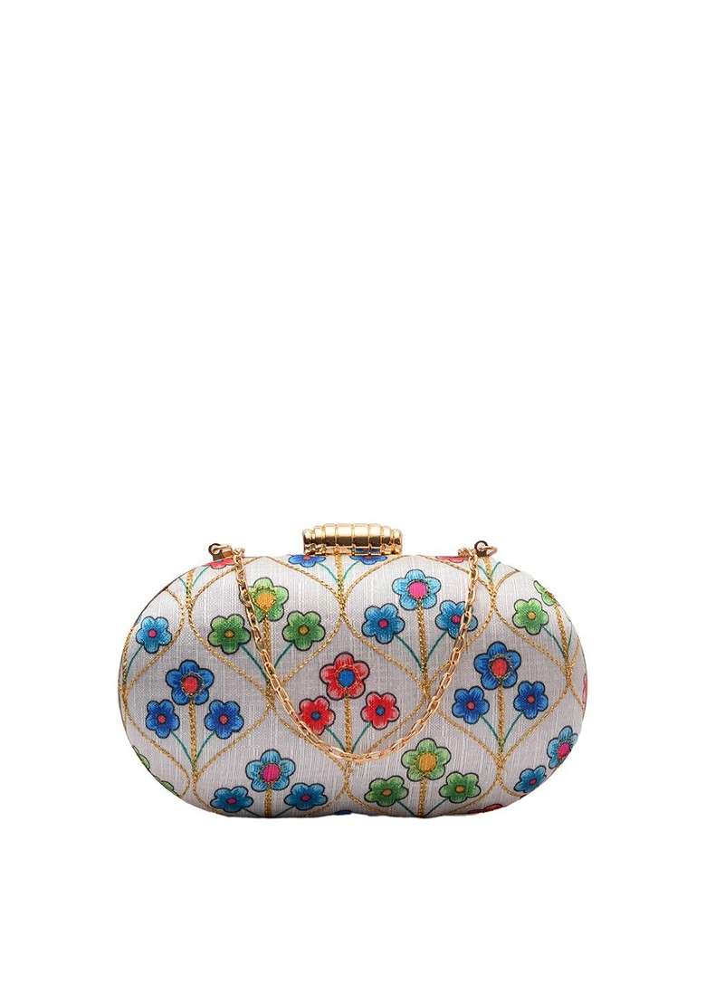 White Satin White And Blue Embroidered Box Clutch - Indya