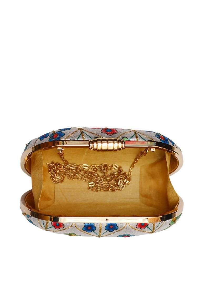 White Satin White And Blue Embroidered Box Clutch - Indya