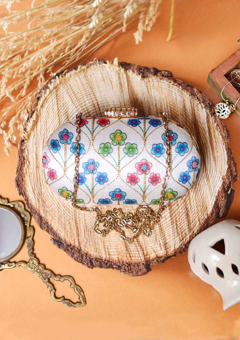 White Satin White And Blue Embroidered Box Clutch - Indya