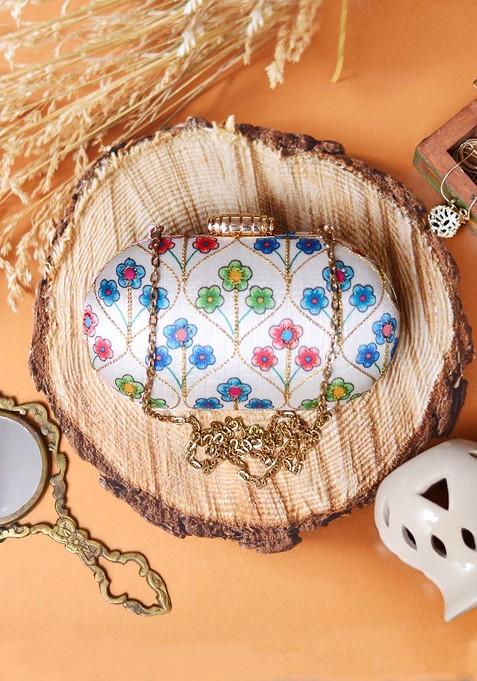 White Satin White And Blue Embroidered Box Clutch