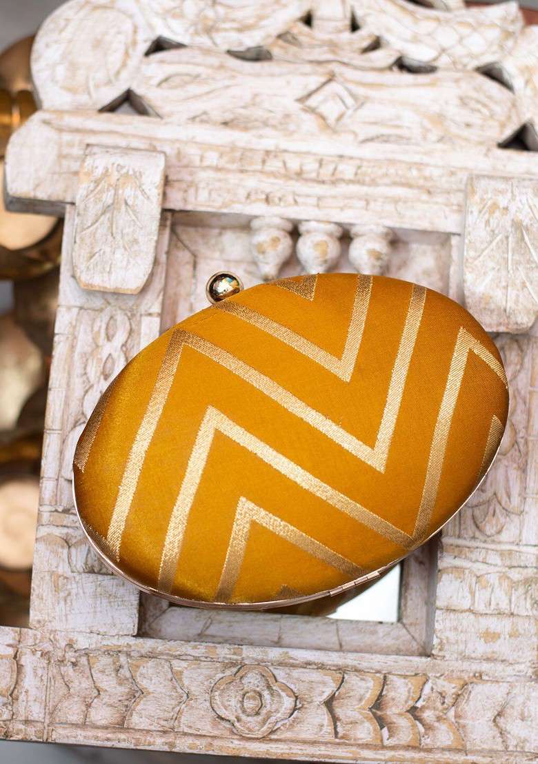 Gold Satin Women Mustard Woven Design Box Clutch - Indya