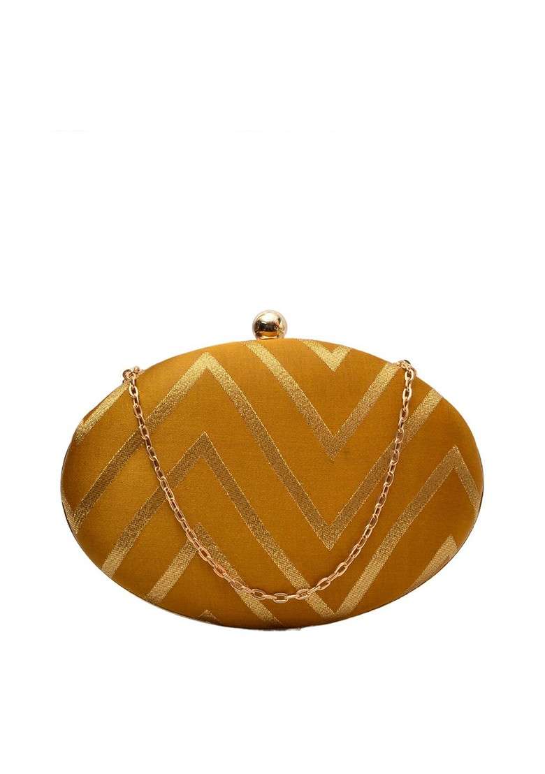 Gold Satin Women Mustard Woven Design Box Clutch - Indya