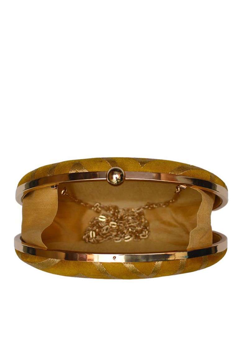 Gold Satin Women Mustard Woven Design Box Clutch - Indya