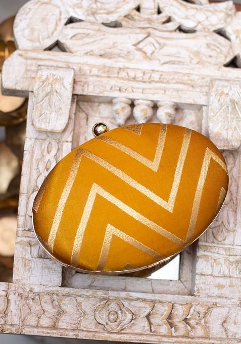 Gold Satin Women Mustard Woven Design Box Clutch