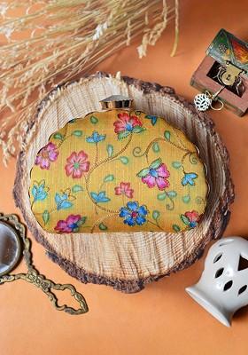 Yellow Fabric Yellow And Blue Printed Box Clutch