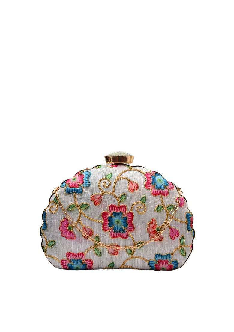 White Satin White And Pink Embroidered Box Clutch - Indya