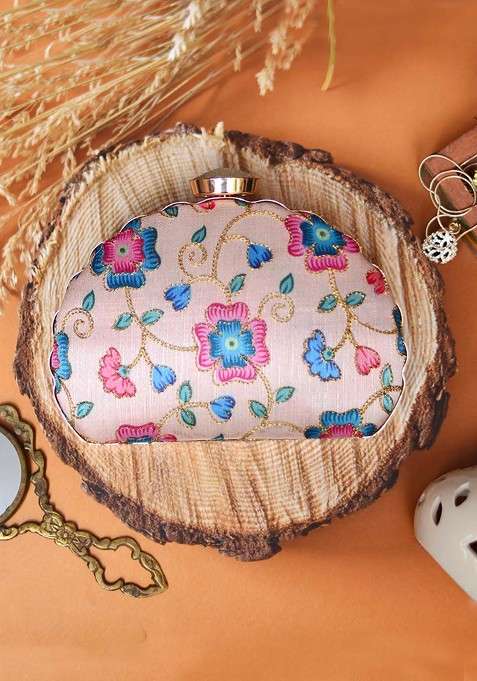 White Satin White And Pink Embroidered Box Clutch