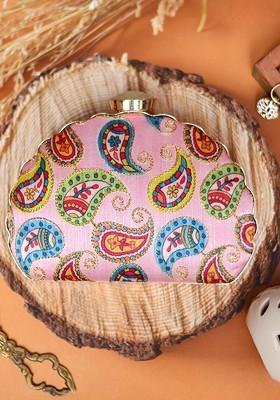 Pink Satin Pink And Multicolored Embroidered Fabric Box Clutch