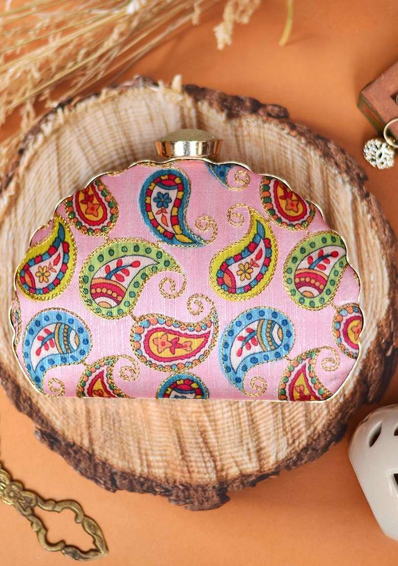 Pink Satin Pink And Multicolored Embroidered Fabric Box Clutch - Indya
