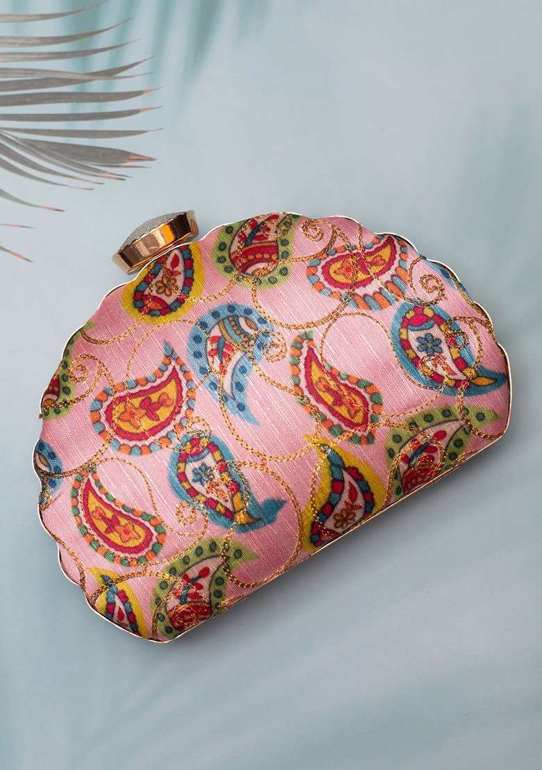 Pink Satin Pink And Multicolored Embroidered Fabric Box Clutch - Indya