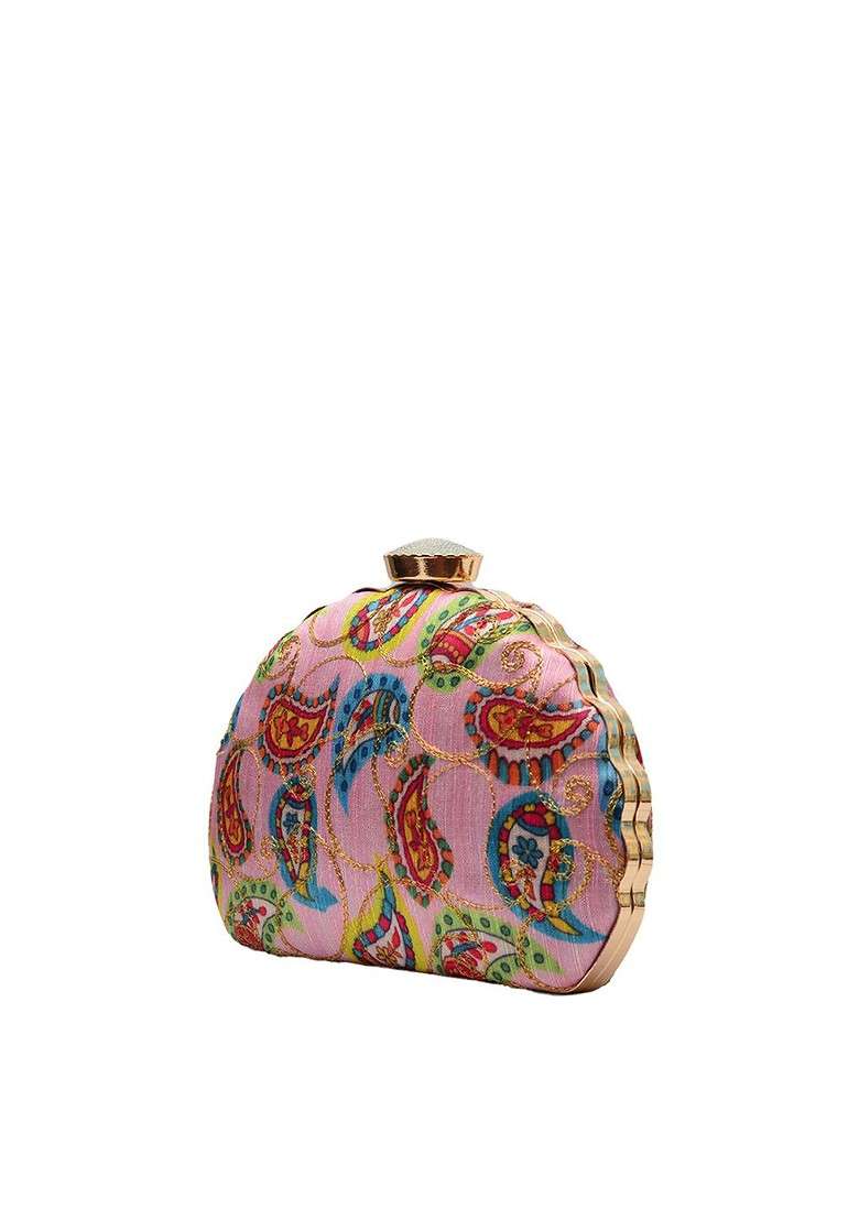 Pink Satin Pink And Multicolored Embroidered Fabric Box Clutch - Indya