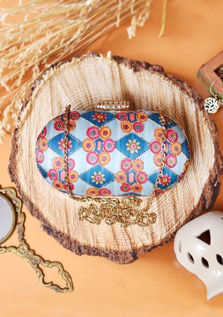 Blue Satin Blue And Pink Embroidered Box Clutch - Indya