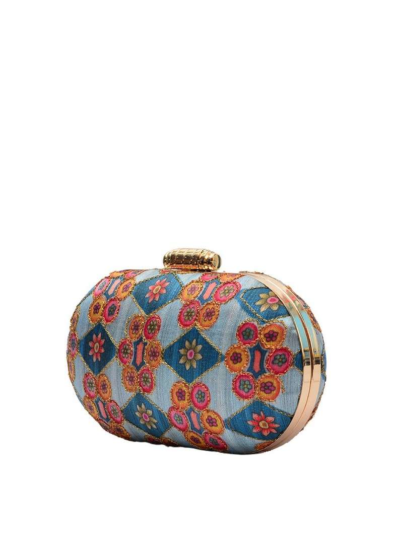 Blue Satin Blue And Pink Embroidered Box Clutch - Indya
