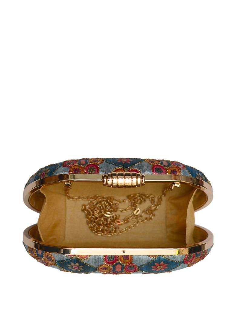 Blue Satin Blue And Pink Embroidered Box Clutch - Indya