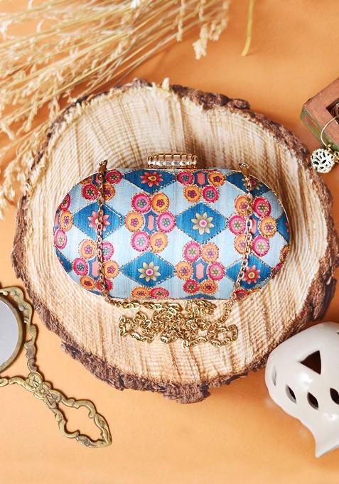 Blue Satin Blue And Pink Embroidered Box Clutch