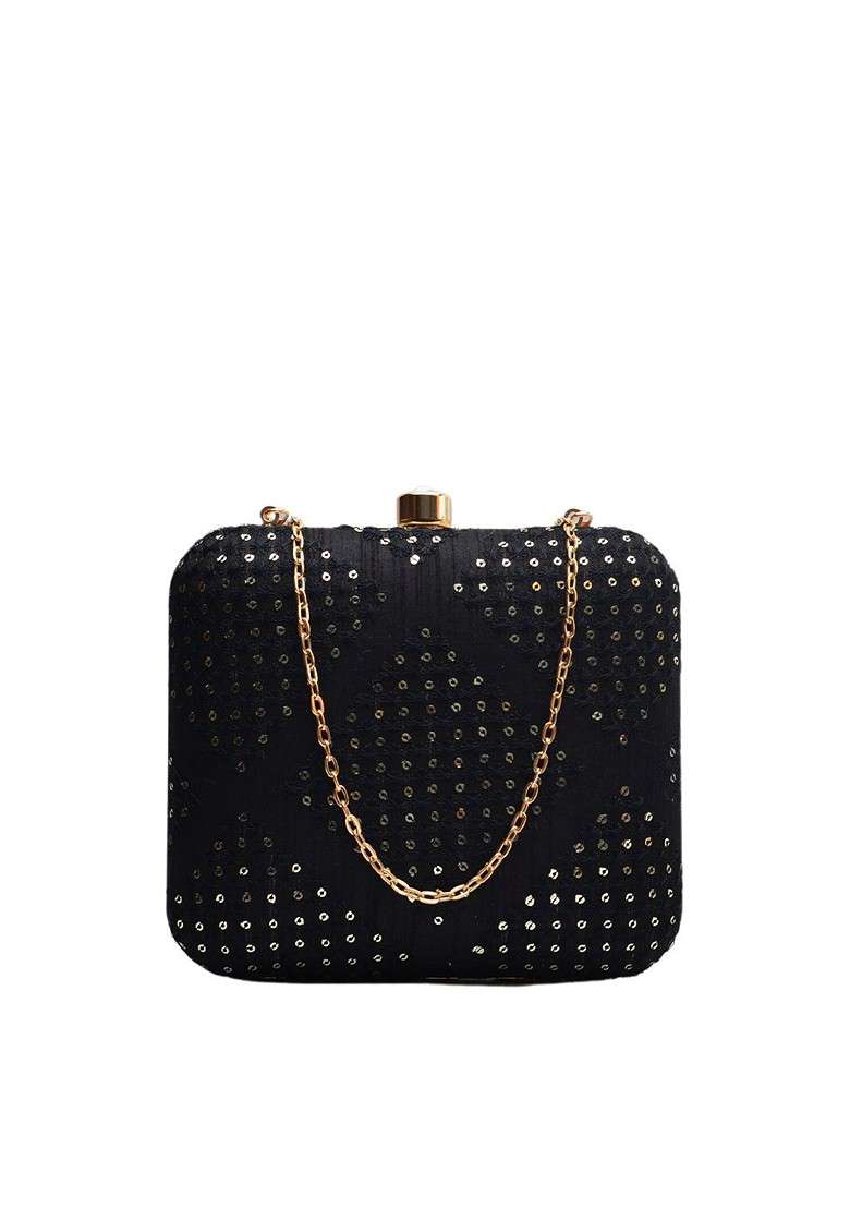 Black Satin Women Black Embroidered Box Clutch - Indya