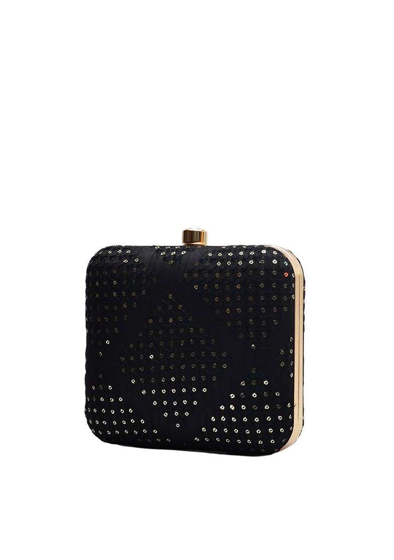 Black Satin Women Black Embroidered Box Clutch - Indya
