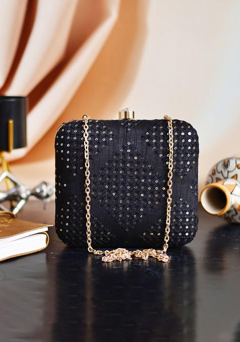 Black Satin Women Black Embroidered Box Clutch
