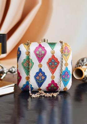 Blue Fabric Blue And Red Printed Box Clutch