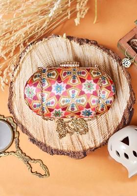 Orange Satin Orange And Gold Toned Embroidered Box Clutch