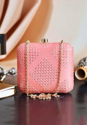 Pink Satin Pink Embellished Box Clutch