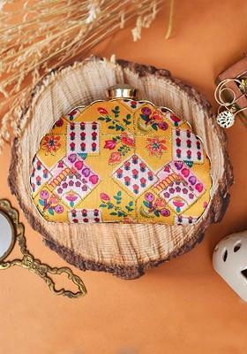 Yellow Satin Yellow And Purple Embroidered Half Moon Clutch