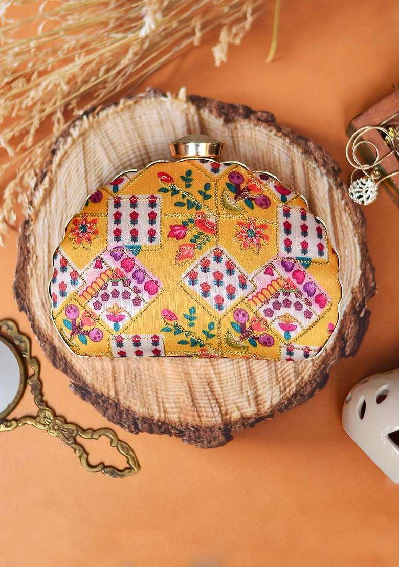 Yellow Satin Yellow And Purple Embroidered Half Moon Clutch - Indya