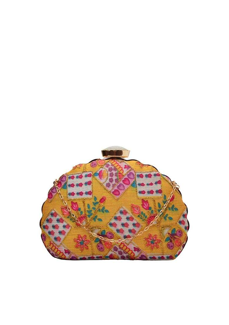 Yellow Satin Yellow And Purple Embroidered Half Moon Clutch - Indya