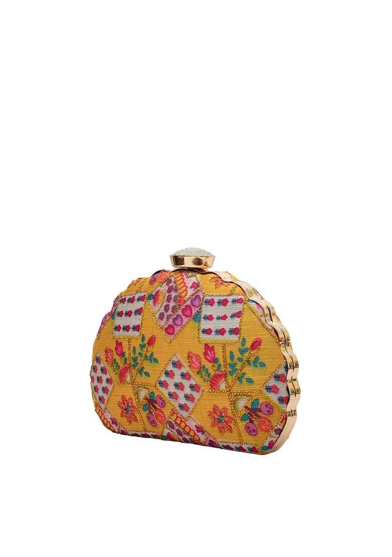 Yellow Satin Yellow And Purple Embroidered Half Moon Clutch - Indya