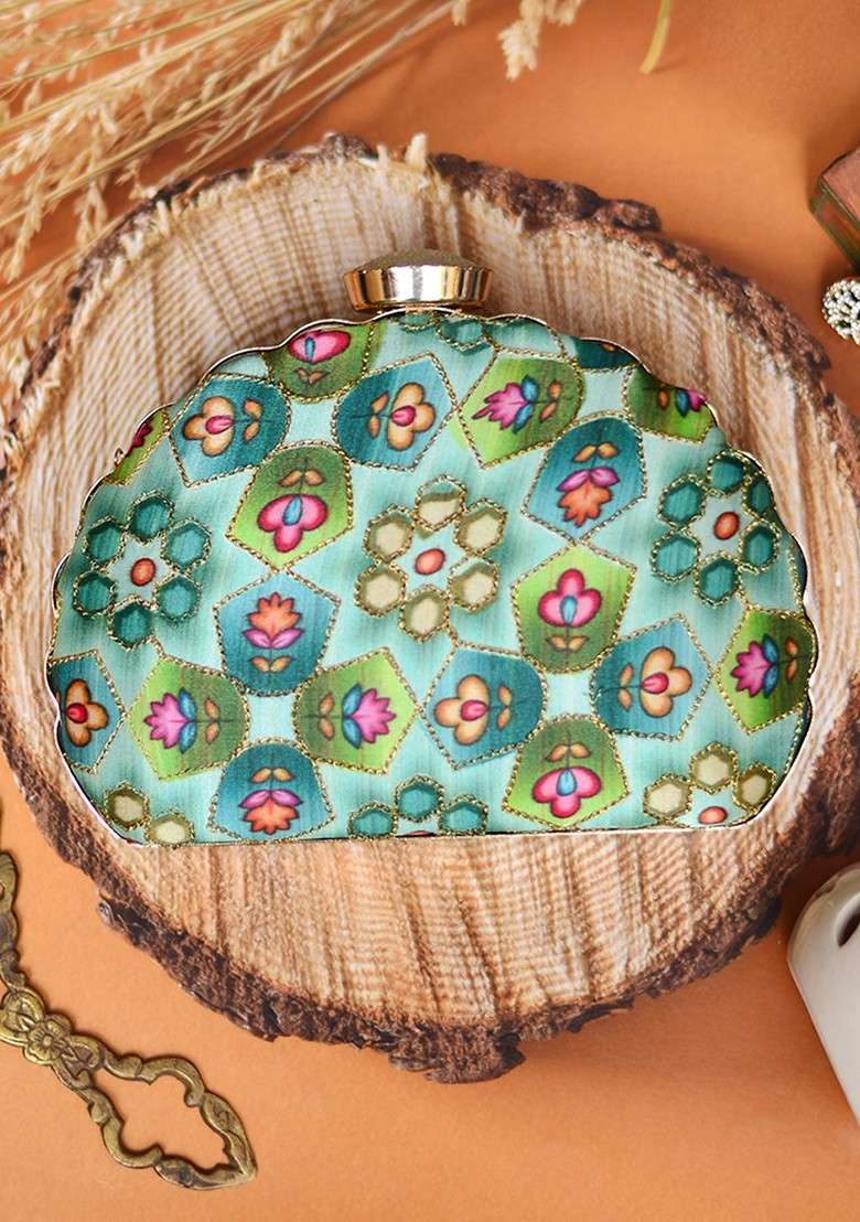 Green Satin Green And Magenta Embroidered Box Clutch - Indya