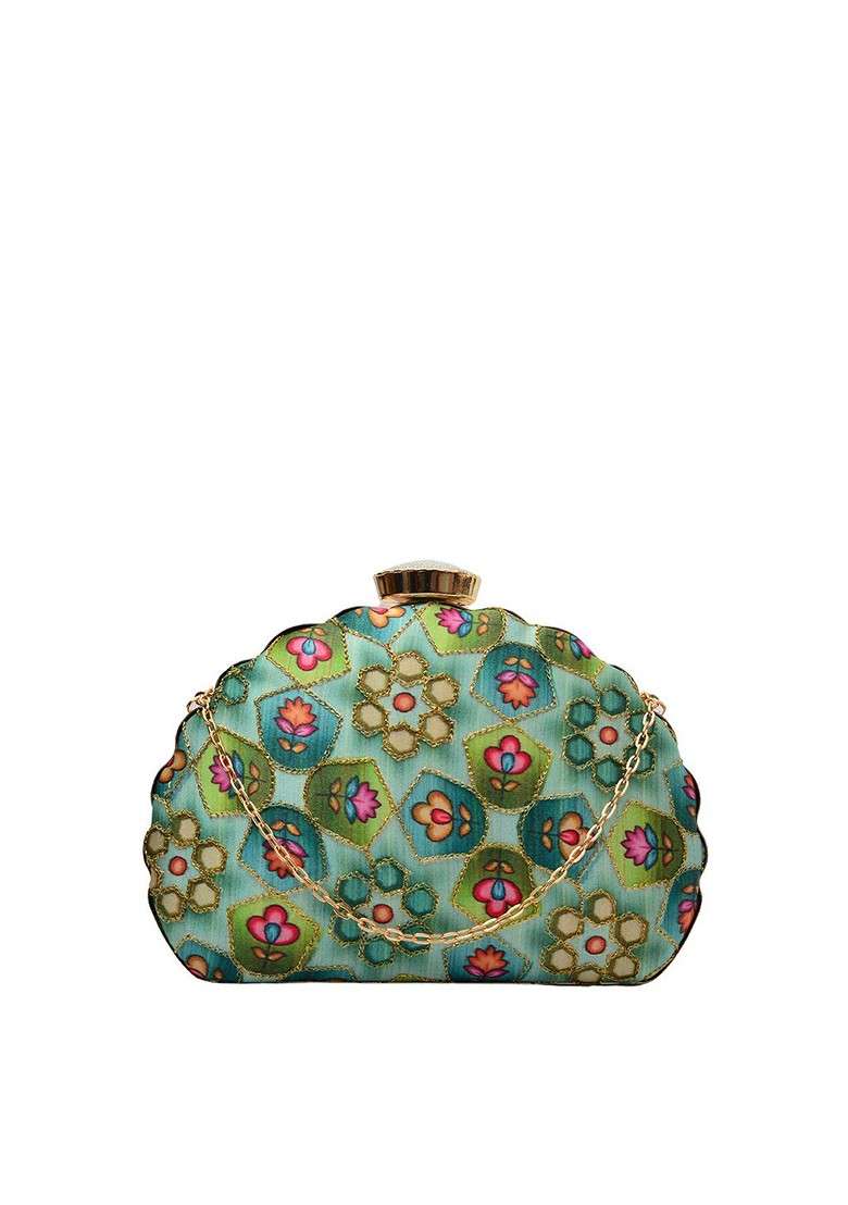 Green Satin Green And Magenta Embroidered Box Clutch - Indya