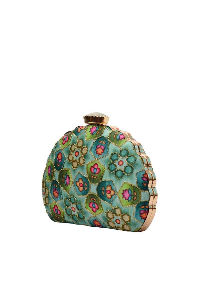 Green Satin Green And Magenta Embroidered Box Clutch - Indya