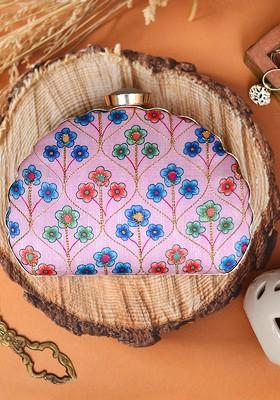 Pink Satin Pink And Blue Embroidered Box Clutch