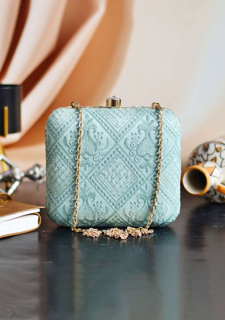 Sea Green Satin Sea Green Embroidered Box Clutch - Indya