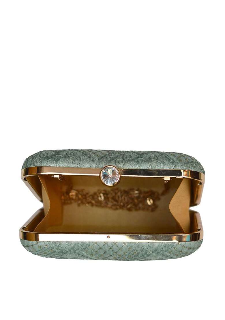 Sea Green Satin Sea Green Embroidered Box Clutch - Indya