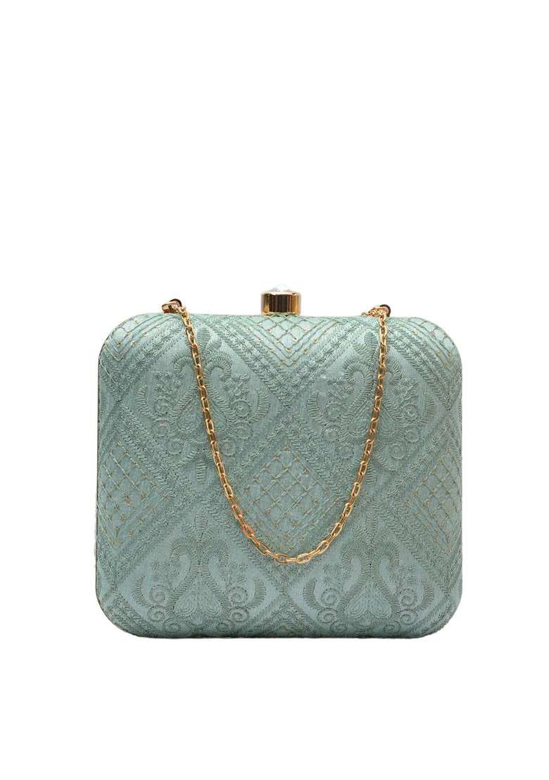 Sea Green Satin Sea Green Embroidered Box Clutch - Indya