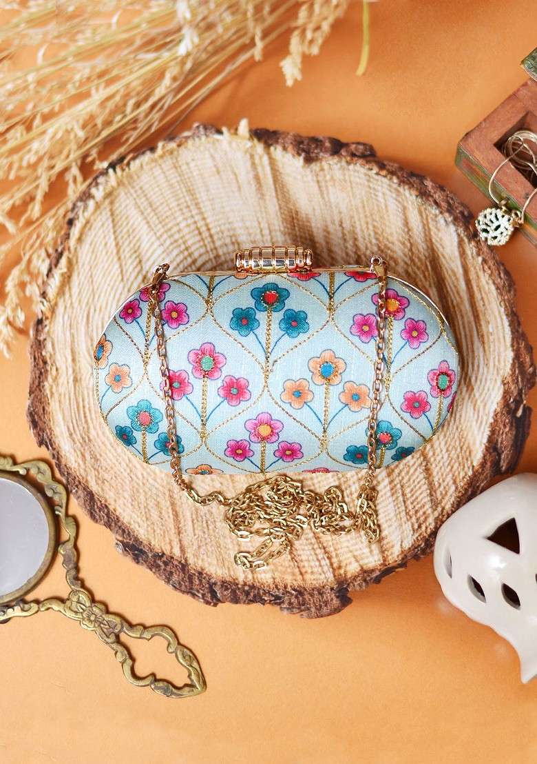 Blue Satin Blue And Green Embroidered Box Clutch - Indya