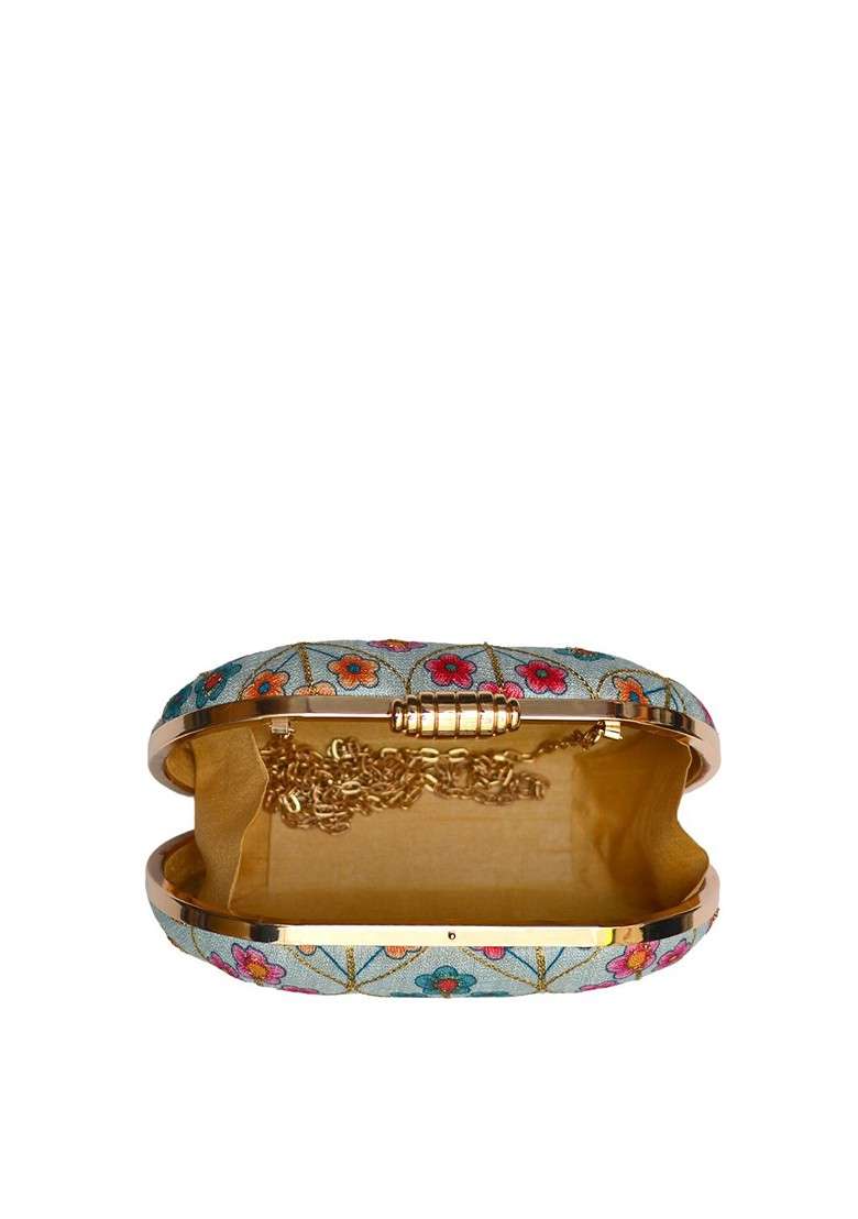 Blue Satin Blue And Green Embroidered Box Clutch - Indya