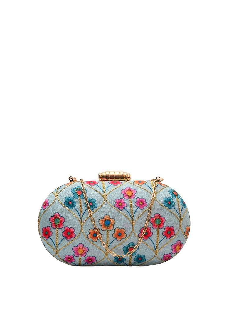 Blue Satin Blue And Green Embroidered Box Clutch - Indya