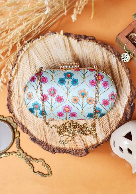 Blue Satin Blue And Green Embroidered Box Clutch