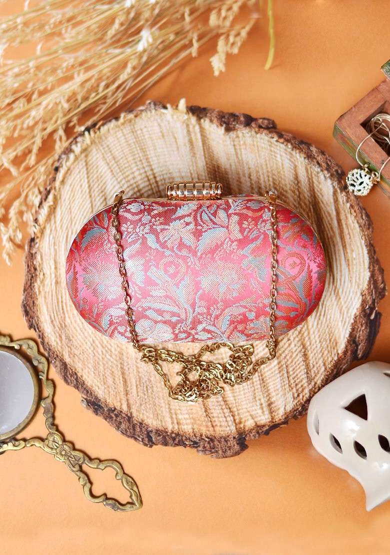 Pink Satin Pink And Blue Woven Design Box Clutch - Indya