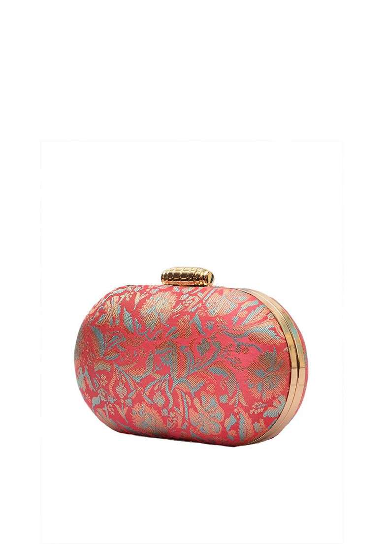 Pink Satin Pink And Blue Woven Design Box Clutch - Indya