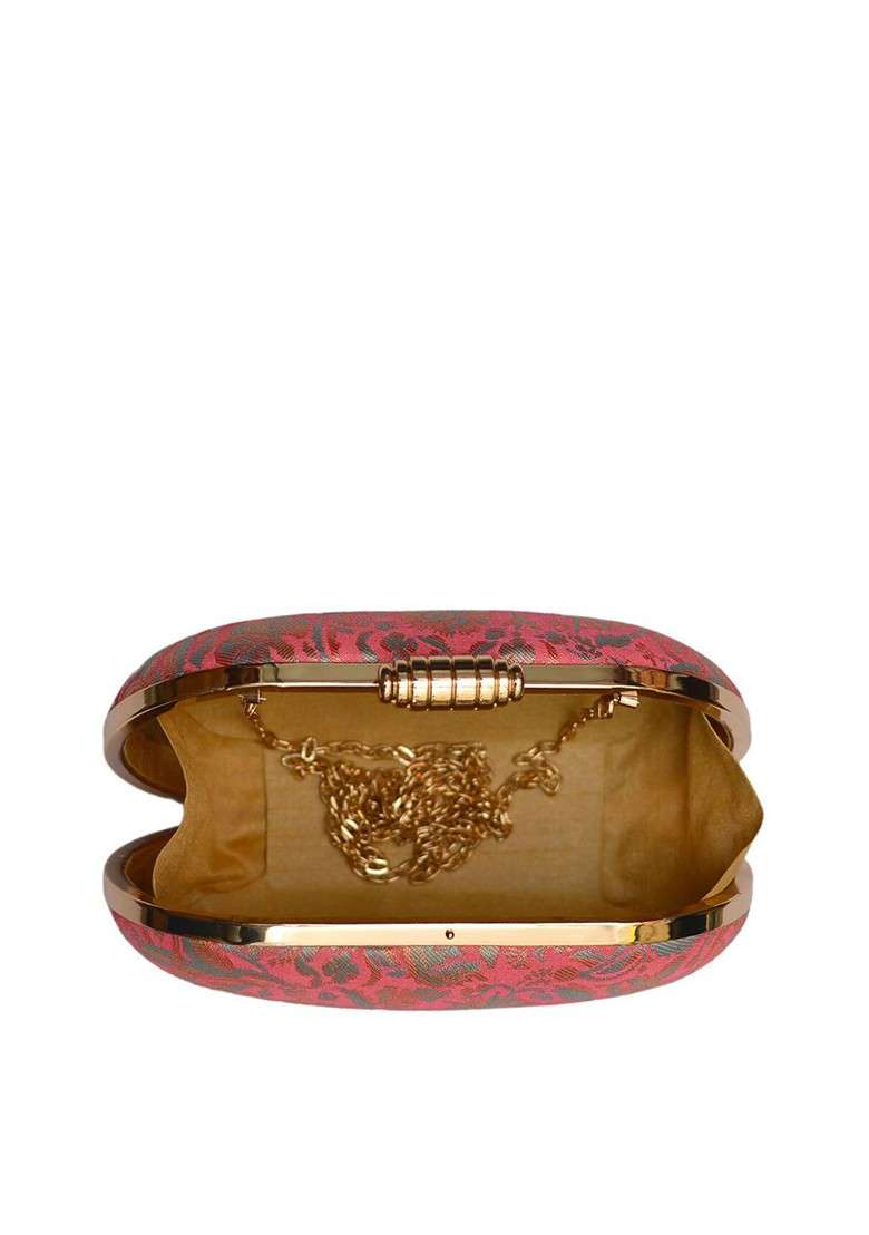 Pink Satin Pink And Blue Woven Design Box Clutch - Indya