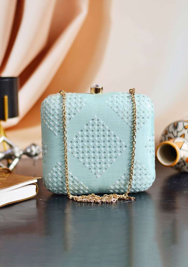 Blue Satin Blue Embroidered Fabric Box Clutch - Indya