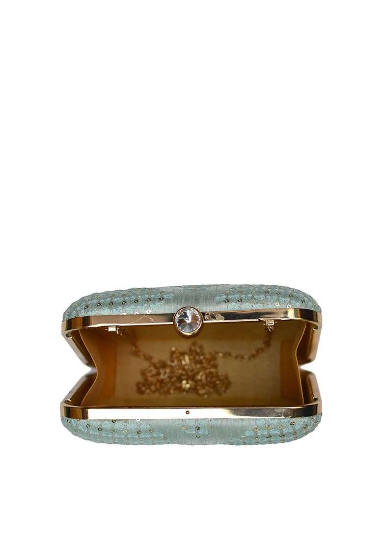 Blue Satin Blue Embroidered Fabric Box Clutch - Indya