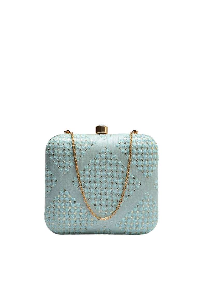 Blue Satin Blue Embroidered Fabric Box Clutch - Indya